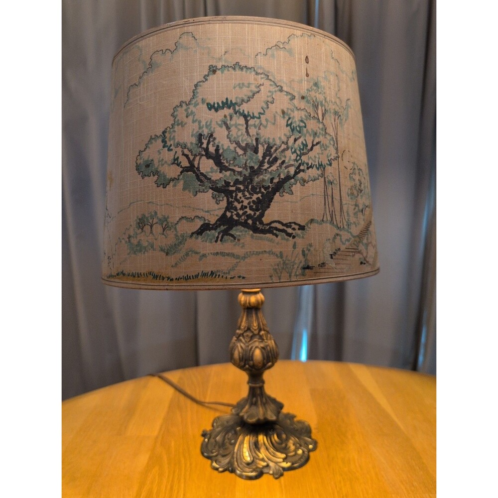 Rare! Vintage Ornate Brass Lamp With Fabric Painted? Shade With Trees & Castle
